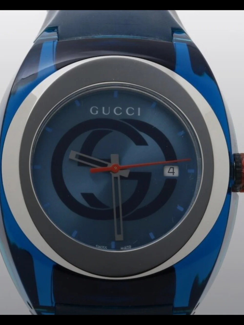 Gucci Men’s Blue Dial Logo Watch with Red Seconds Hand